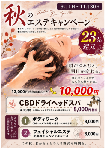🌰秋のエステキャンペーン『ＣＢＤで更にゆるむドライヘッドスパ』‍🌰